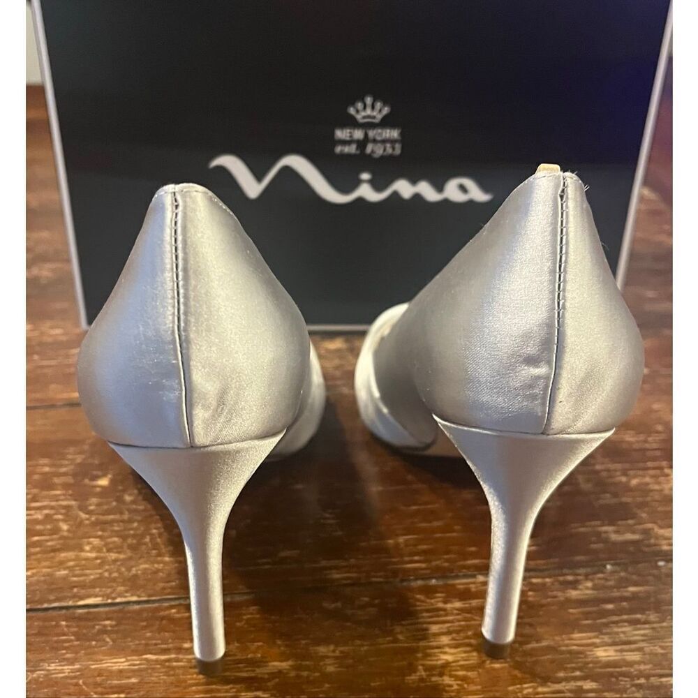 NINA RHIYANA-Womens Silver Satin Peep Toe High-Heel Classic Pump -6 - Picture 4 of 7